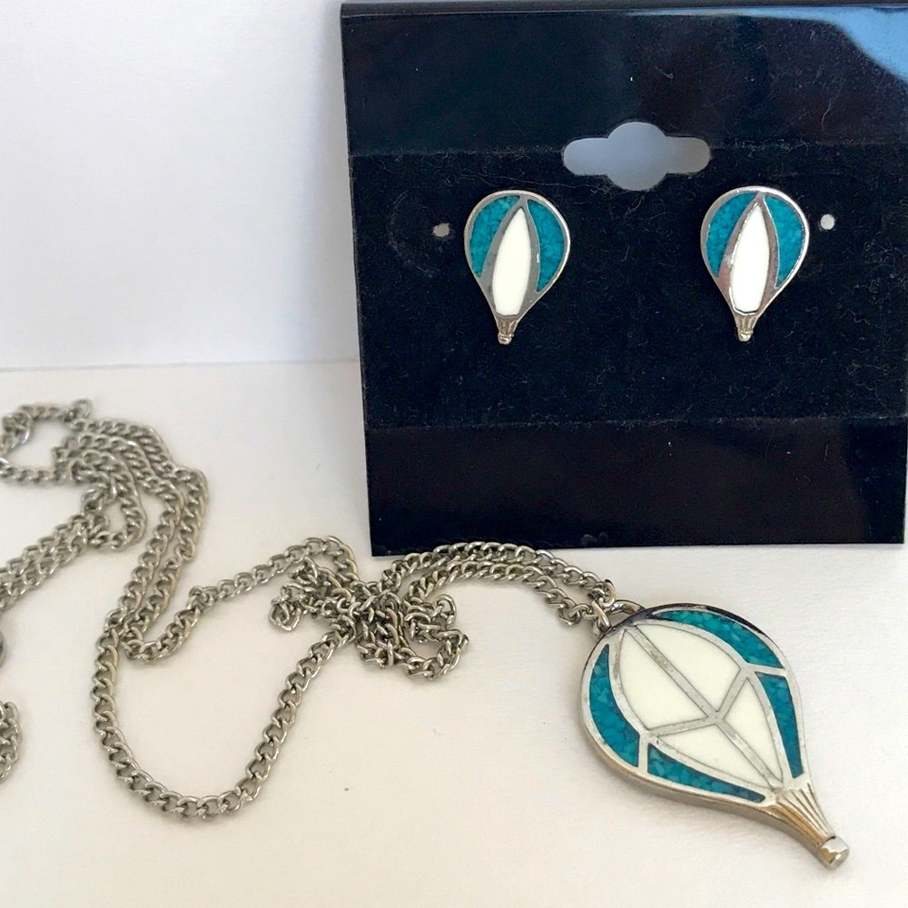 VINTAGE NECKLACE SET EARRINGS SILVER & TURQUOISE HOT AIR BALLOON GUC